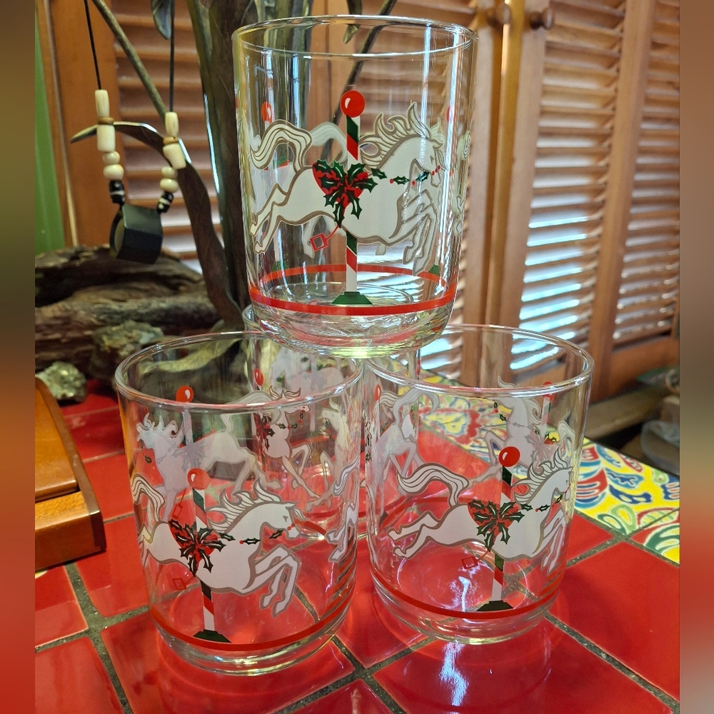 Vntg Libbey Christmas Carousel Horses Drinking Glasses New N Org Pak Set Of 4